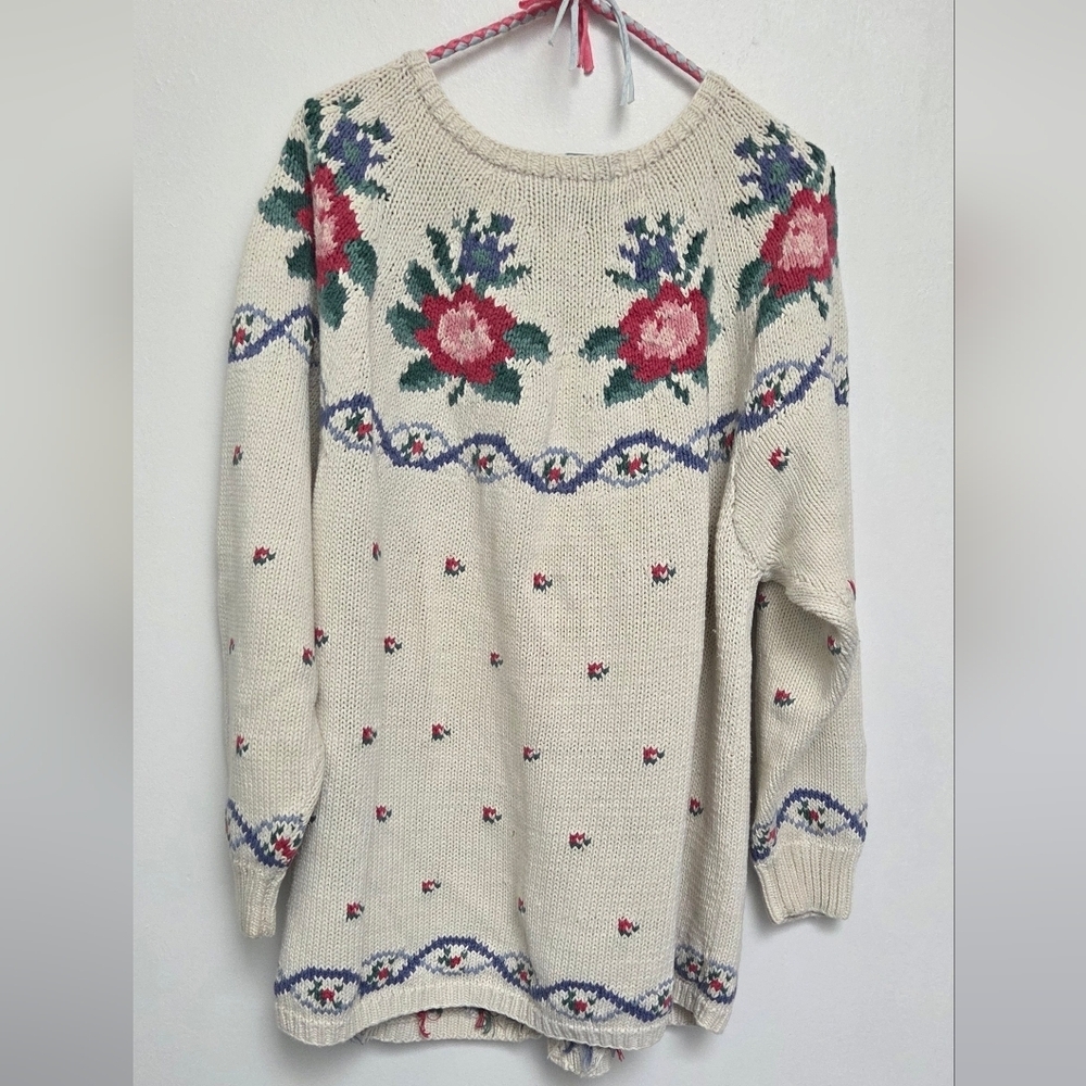 Vintage Tat Floral Hand Knitted Open Cardigan Coastal Sweater Sz L Ramie Blend - Picture 3 of 10